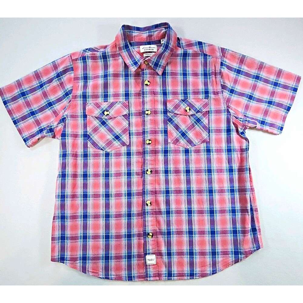 Eddie Bauer Workwear Foreman Fit Men's XL Red Blue Plaid Stretch Pockets Shirt